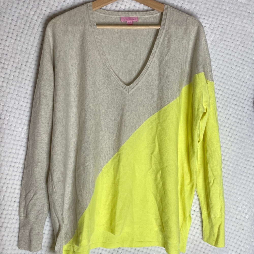 Lilly Pulitzer Beige and Neon Yellow V-Neck Sweater